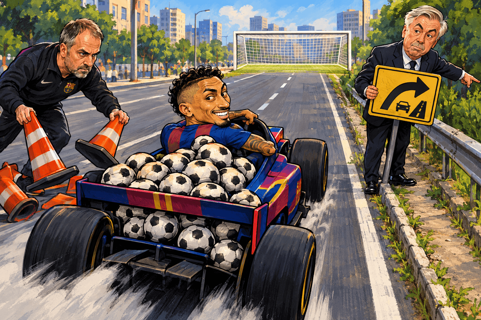 Raphinha dirige um carro com bolas rumo ao gol, enquanto Flick abre a pista central e Ancelotti aponta um desvio para a lateral.