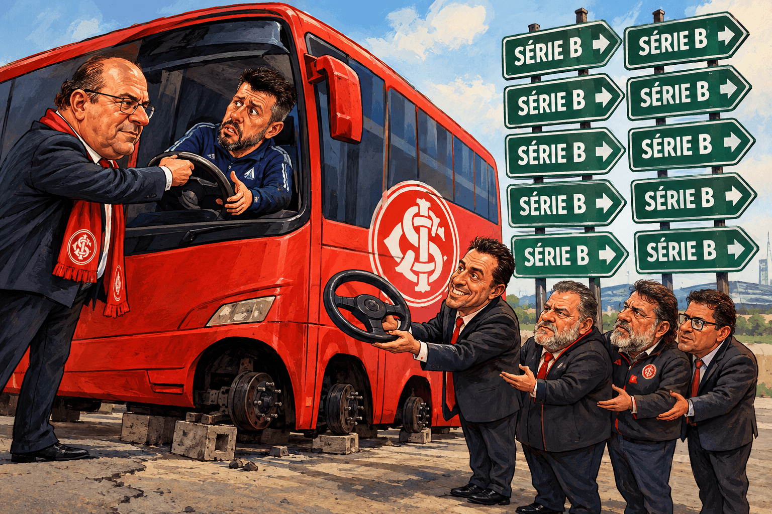 Barcellos troca Pezzolano no comando de um ônibus do Internacional sem rodas.