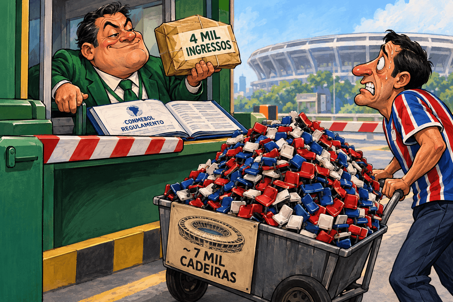 Dirigente de verde cobra um carrinho com cadeiras do Maracanã para entregar 4 mil ingressos a um representante tricolor.