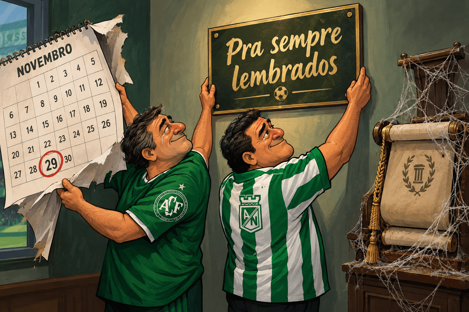 Dirigentes de Chapecoense e Atlético Nacional trocam um calendário por uma placa com a frase Pra sempre lembrados.