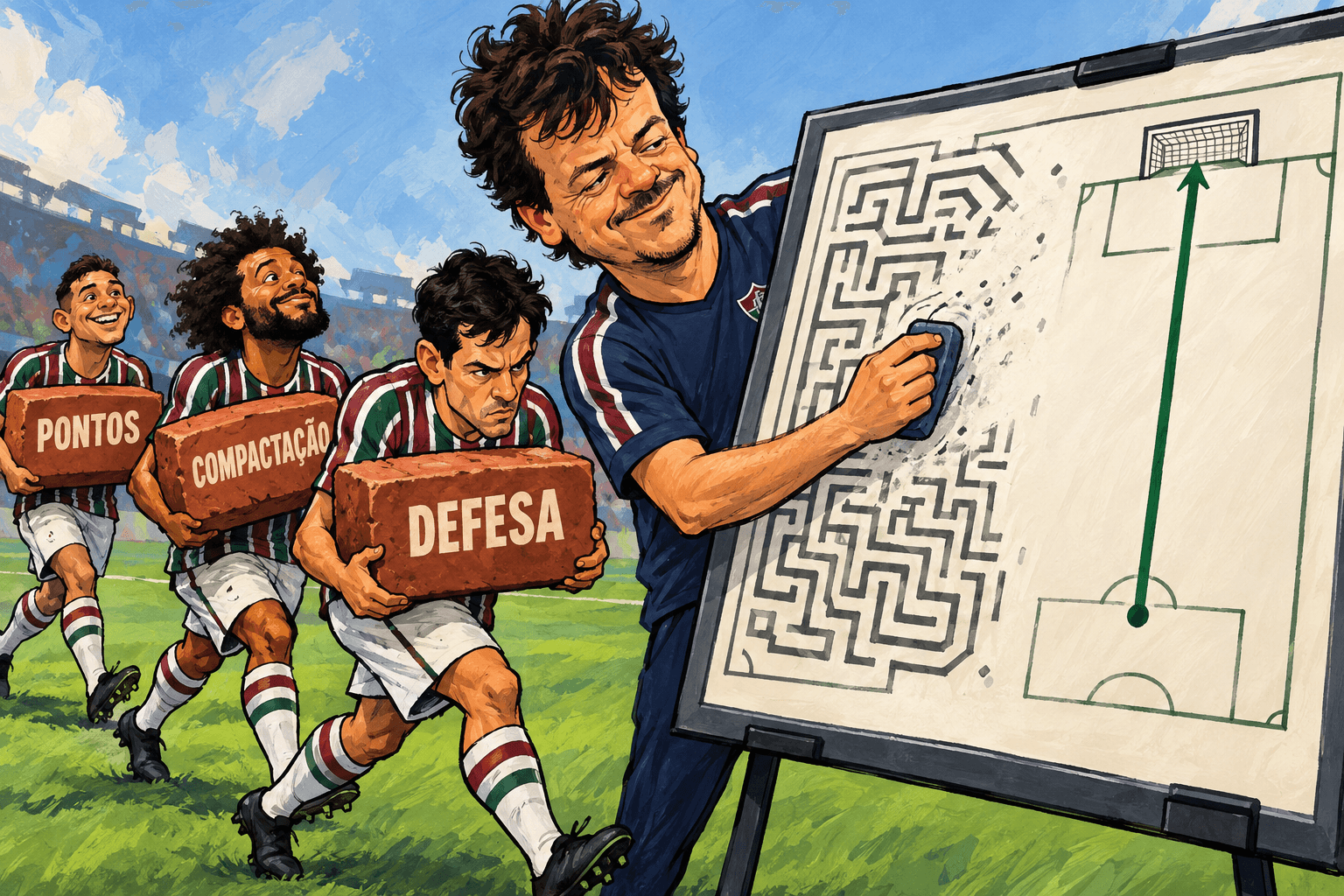 Fernando Diniz troca um labirinto tático por uma linha simples enquanto jogadores carregam tijolos.