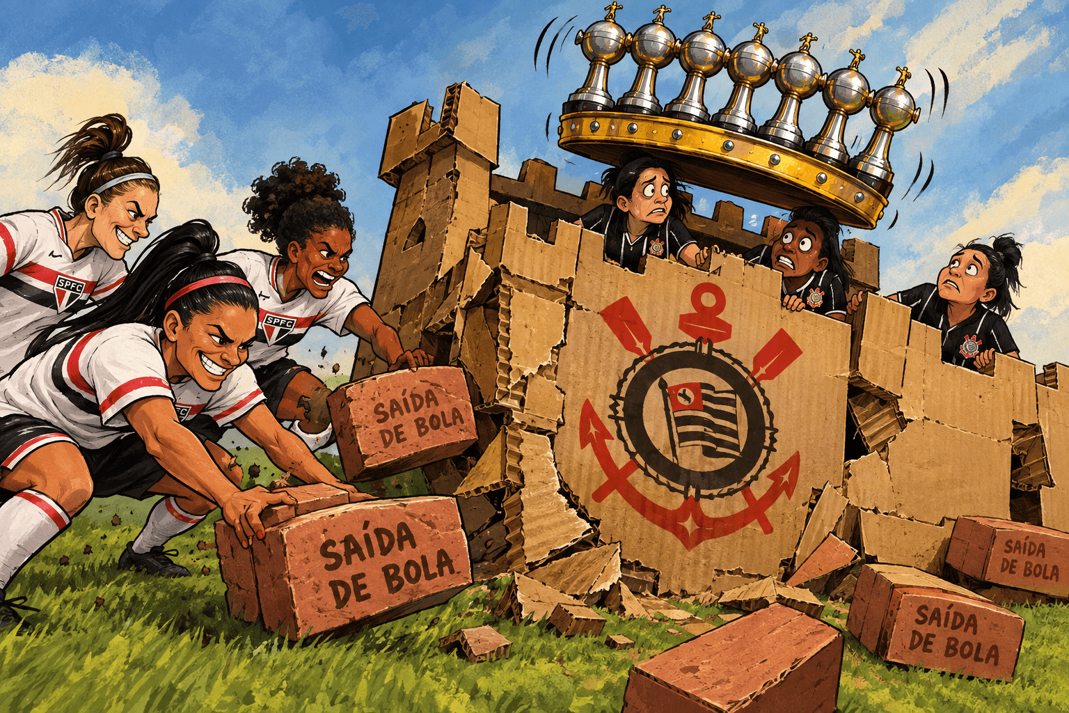 Jogadoras do São Paulo derrubam uma fortaleza de papelão do Corinthians com uma coroa de seis taças no alto.