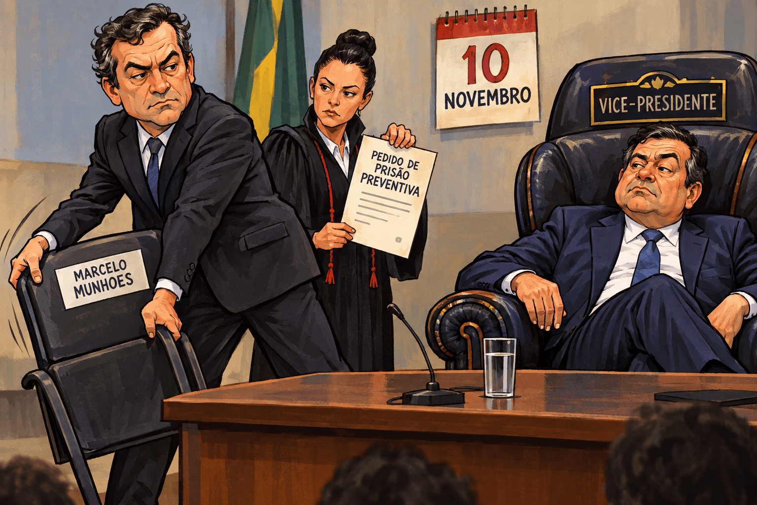 Osmar Stabile retira a cadeira de Marcelo Munhoes de uma mesa, ao lado de um calendário e de um pedido do Ministério Público.