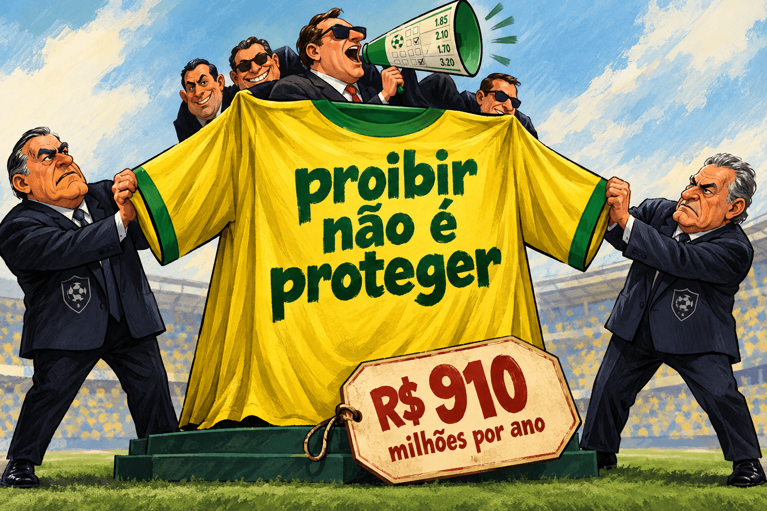Dirigentes seguram uma camisa com slogan enquanto executivos falam por um megafone atrás dela.