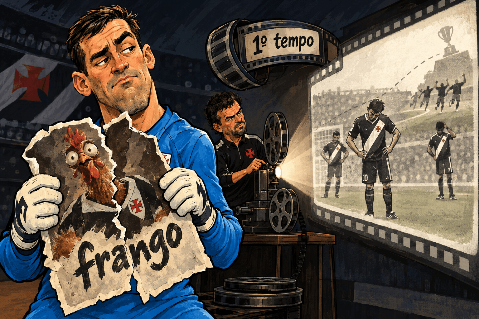 Léo Jardim segura uma foto rasgada enquanto Pedro Emanuel projeta um filme sobre o primeiro tempo do Vasco.