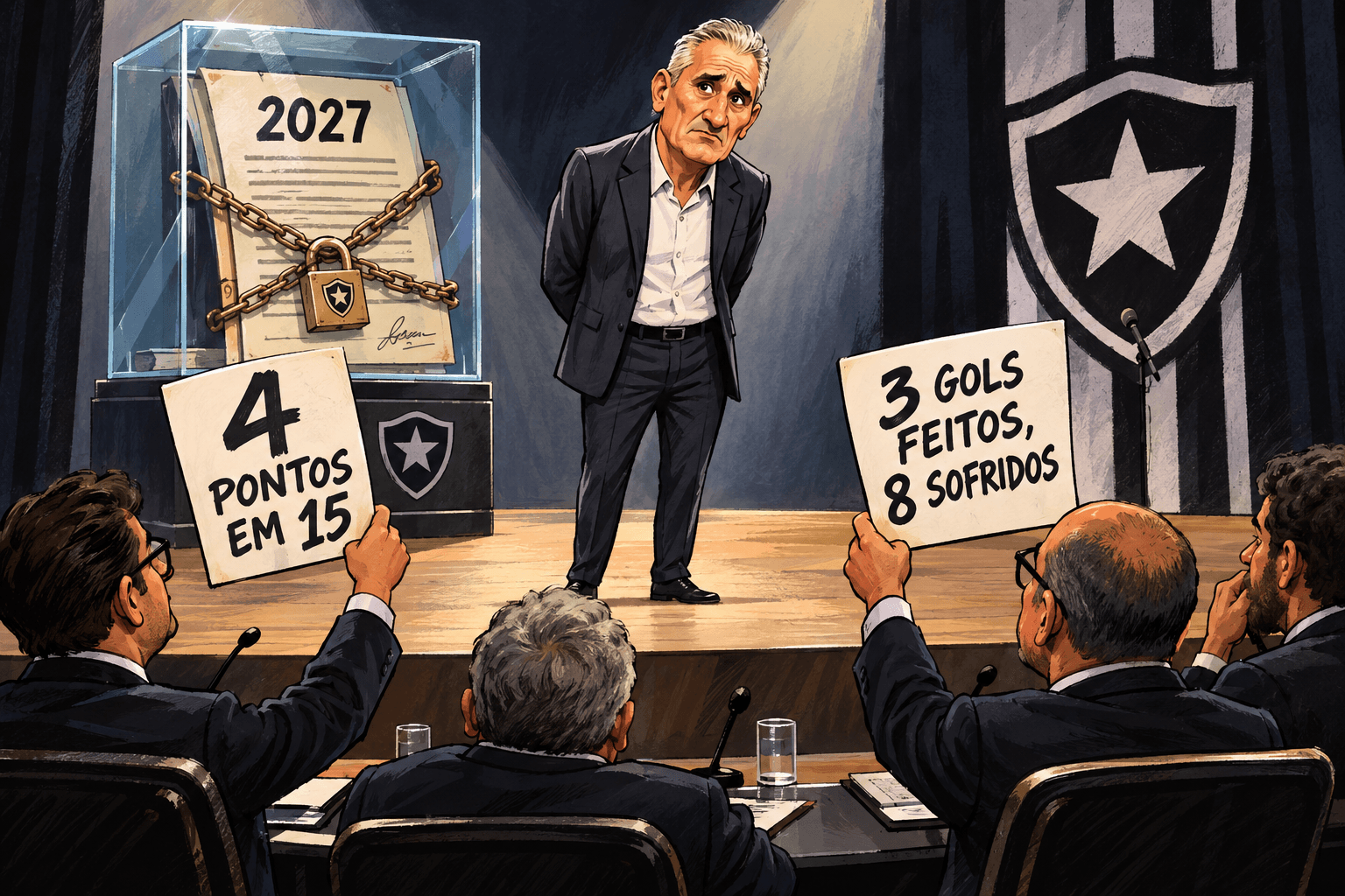 Tite participa de uma audição diante de dirigentes do Botafogo, com um contrato de 2027 trancado ao fundo.