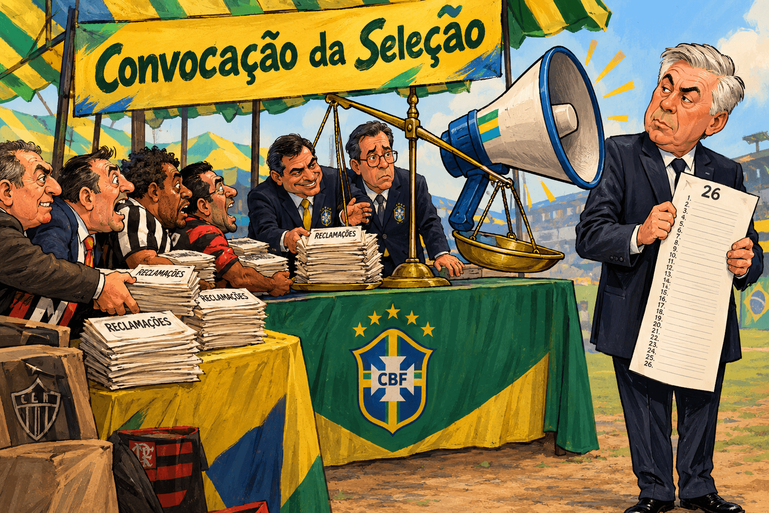Dirigentes negociam liberações de jogadores em um balcão da CBF enquanto Ancelotti segura a lista de convocados.