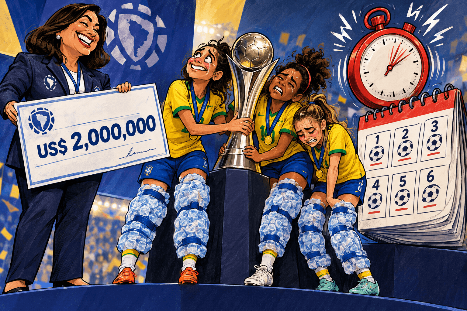 Dirigente entrega cheque de US$ 2 milhões a jogadoras exaustas, cercadas por bolsas de gelo, cronômetro e calendário.